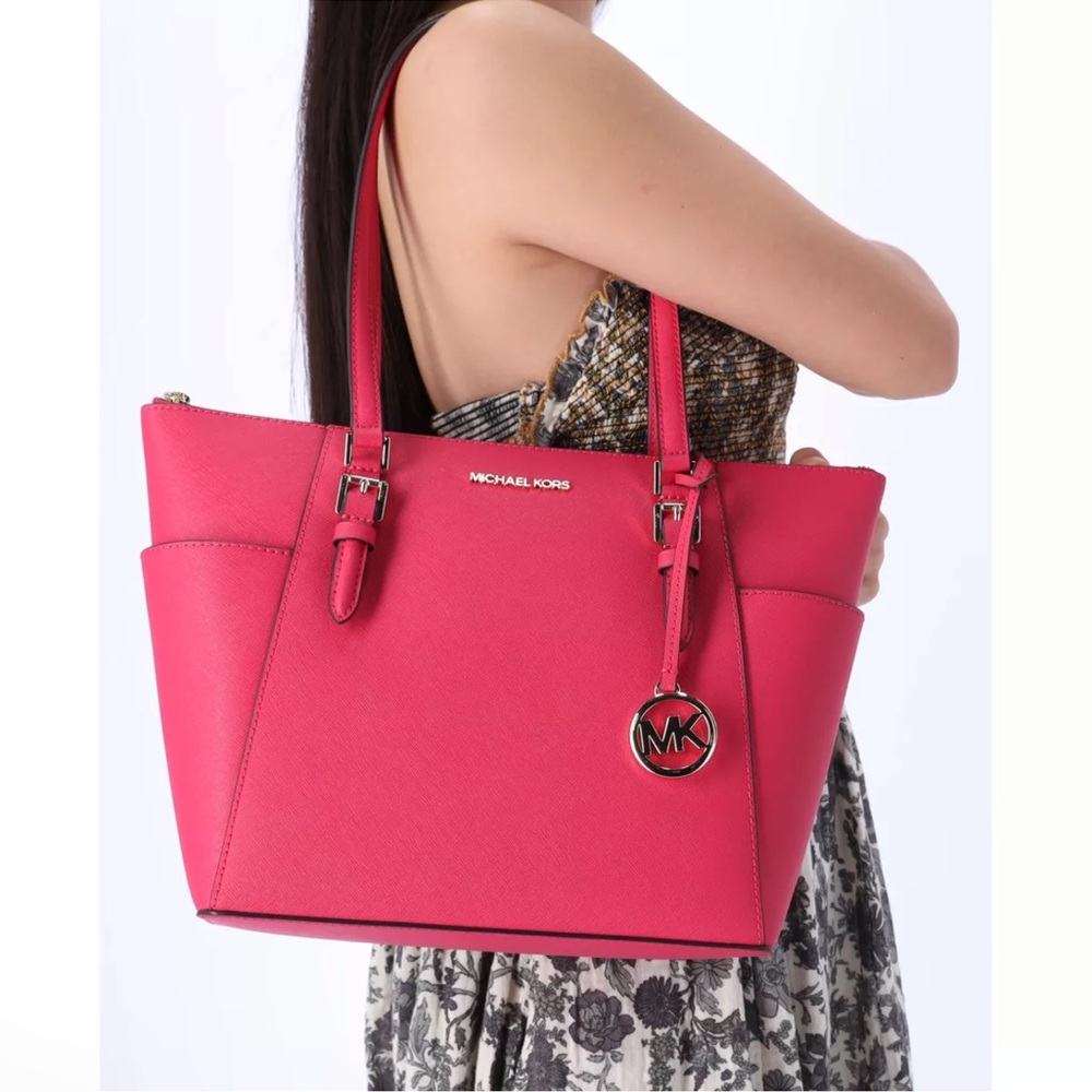 Michael Kors Charlotte Large Top Zip Leather Tote Electric Pink Saffiano Leather